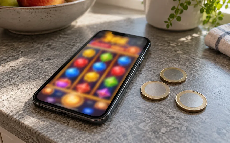 Casino mit 1 Euro Einzahlung einordnen: wenige unlesbare euroähnliche Münzen neben einem vollständigen Telefon mit Slotansicht