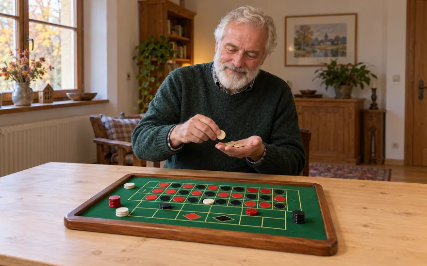 Kleine Casino-Einzahlung verstehen: erwachsener Mann zählt wenige unlesbare Münzen neben einem vollständig sichtbaren Roulette-Übungsfeld