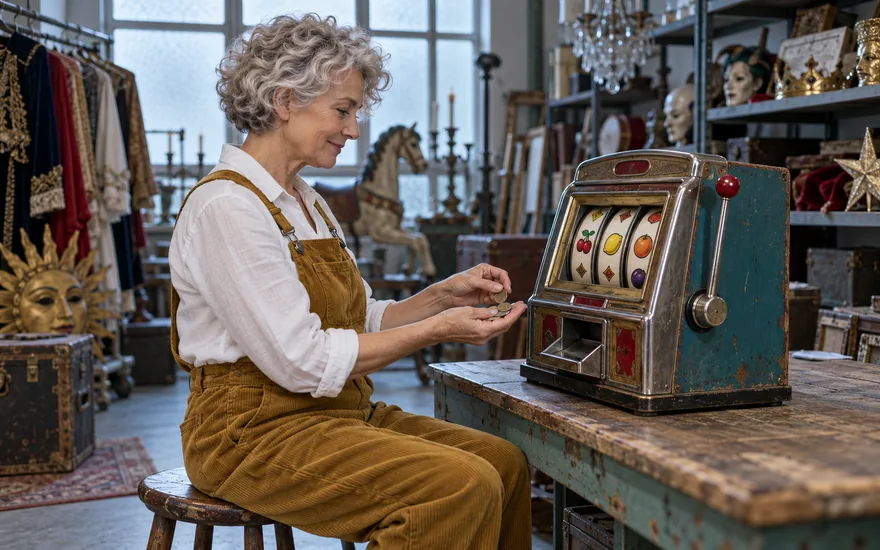 Casino mit 5 Euro Einzahlung: erwachsene Frau mit wenigen Münzen und vollständigem historischem Spielautomaten in einer fiktiven Requisitenwerkstatt