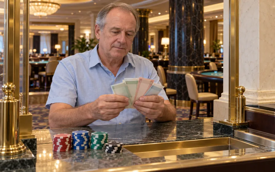 Casino-Auszahlung dokumentieren: erwachsener Kassierer zählt unlesbare Scheine hinter einem fiktiven Auszahlungsschalter mit Chips