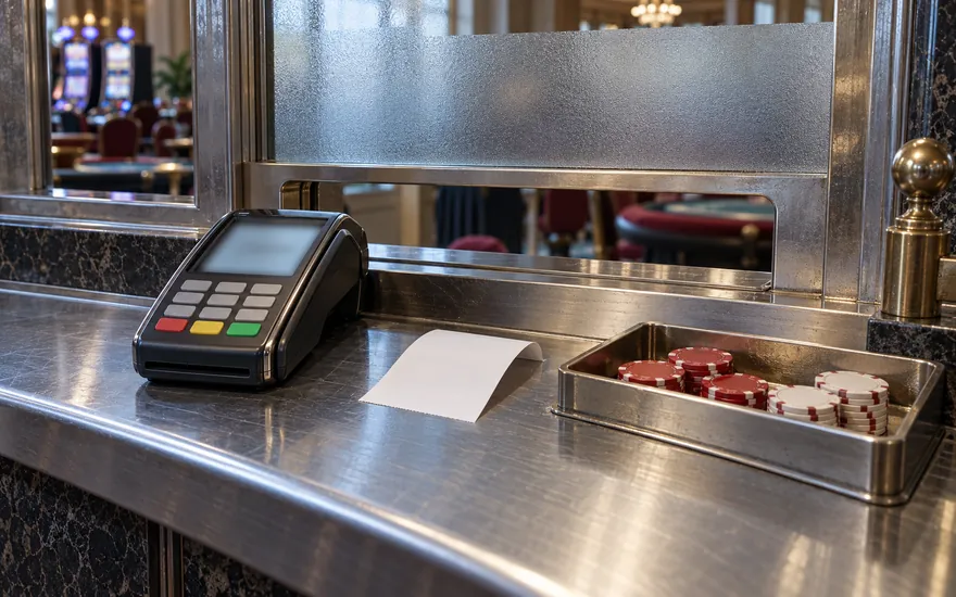 Casino-Auszahlung nachvollziehen: vollständiges Zahlterminal und leere Quittung neben Spielchips an einem Schalter