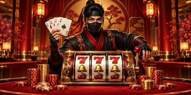 Redaktionelle Spielillustration mit erwachsenem Ninja, Slotautomaten, Spielkarten und Casinochips