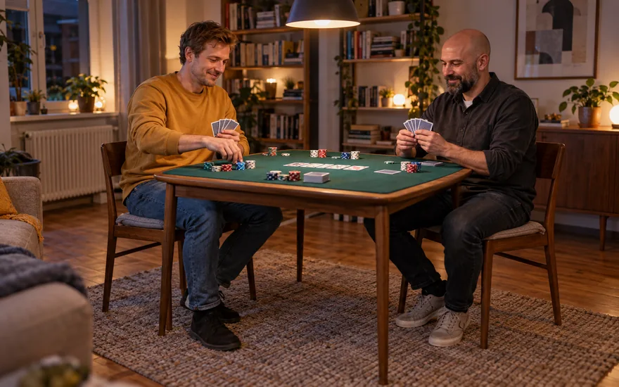 BetNinja: zwei erwachsene Freunde üben mit Spielkarten in einer fiktiven deutschen Wohnung