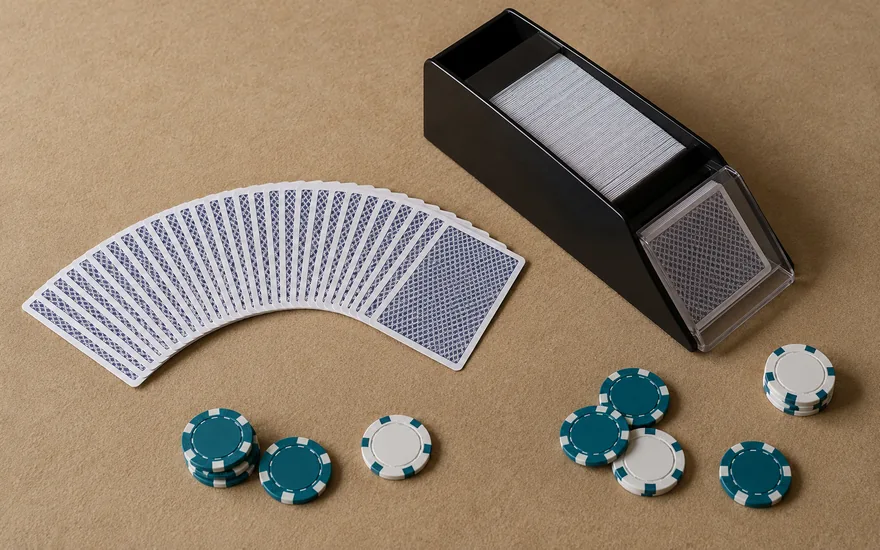 BetNinja: vollständiger Blackjack-Kartenschlitten mit Karten und Chips aus der Vogelperspektive
