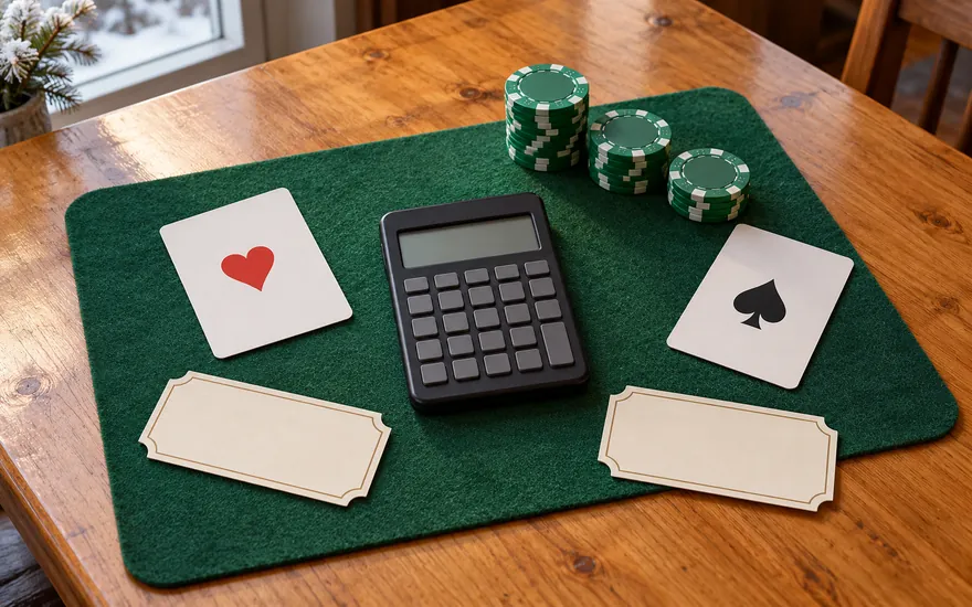 Casino-Umsatzbedingungen berechnen: leere Coupons, Taschenrechner mit unscharfer Anzeige und Spielchips auf einem Holztisch