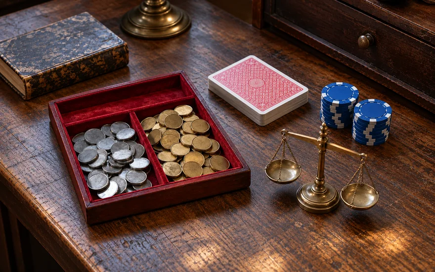 Casino 1 Dollar Deposit einordnen: zwei Gruppen unbeschrifteter Metalltoken neben Casinochips, Karten und einer vollständig sichtbaren Waage