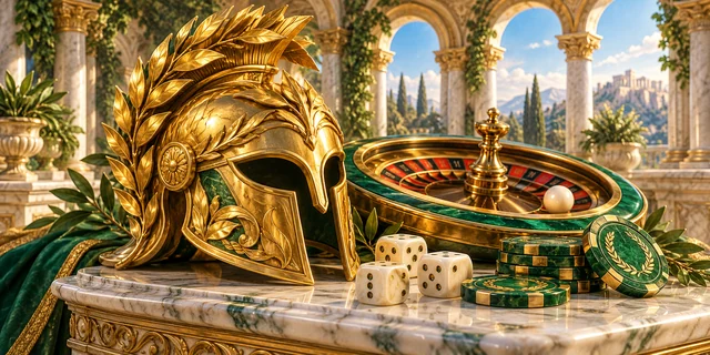 Redaktionelle Spielillustration mit goldenem Helm, grünen Chips und einer Roulettekulisse
