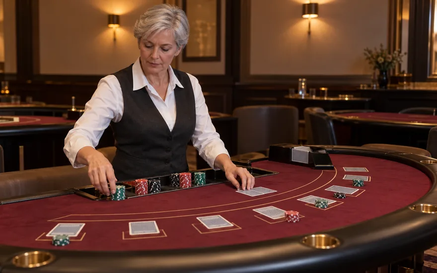 Casino ohne Lizenz vergleichen: erwachsene Croupière ordnet Chips und verdeckte Karten an einem fiktiven Blackjacktisch