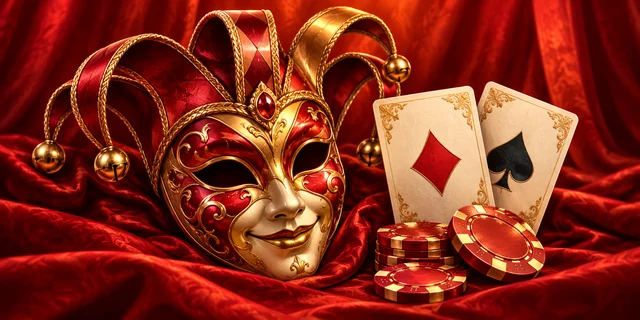 Redaktionelle Spielillustration mit roter Narrenmaske, Karten und goldenen Casinochips