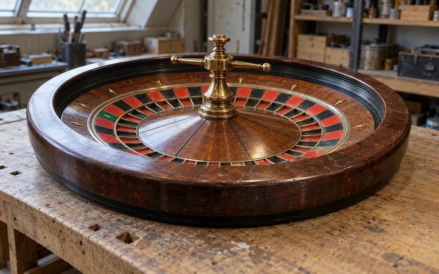 Jokery: vollständiges unbeschriftetes Roulette-Rad auf einer Werkbank im fiktiven Lager