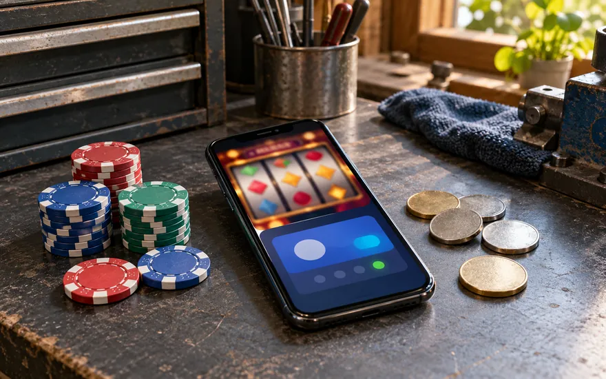 Krypto-Casino prüfen: vollständiges Telefon mit unscharfen Spiel- und Walletflächen neben neutralen Metallmünzen am Werkstatttresen