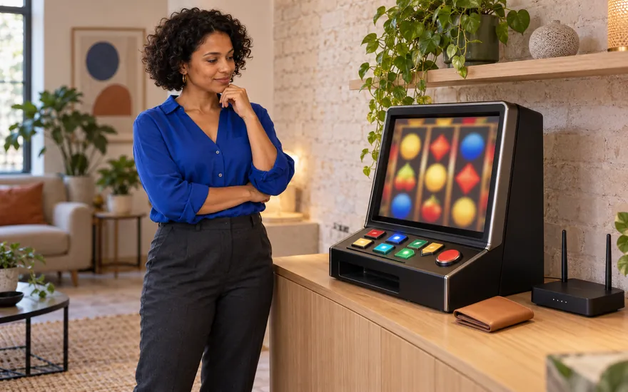 Krypto-Casino einordnen: erwachsene Frau an einem fiktiven Slotterminal mit geschlossener Geldbörse und Netzwerkrouter auf der Ablage