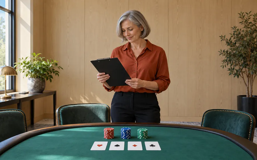 Casino-Lizenz prüfen: erwachsene Frau mit leerem Prüfblatt am fiktiven Übungstisch mit Spielkarten und Chips