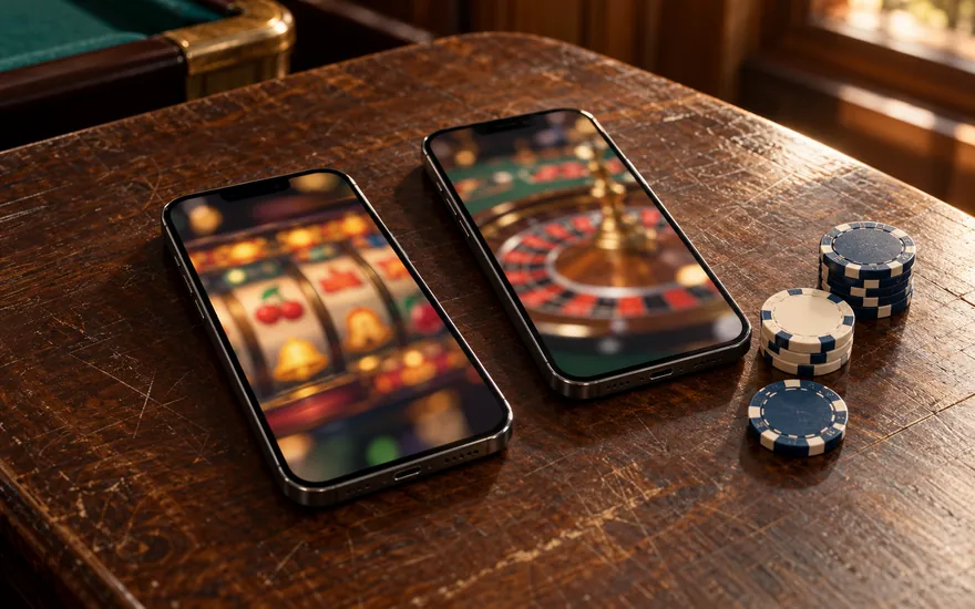 Casino-Lizenz prüfen: zwei vollständig sichtbare Telefone mit unscharfen Slot- und Rouletteansichten neben Spielchips
