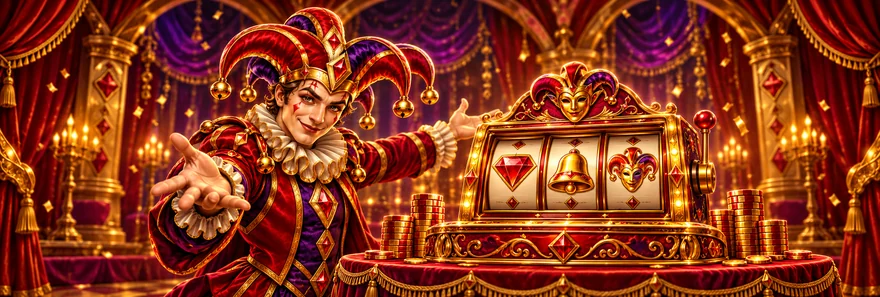 Originelle Spielillustration mit vollständigem rot-goldenem Joker und einem Slotautomaten