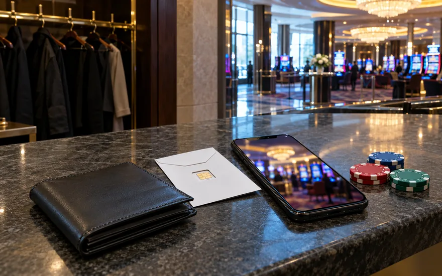 Casino Registrierung vorbereiten: vollständiges Smartphone, Ausweishülle, SIM-Umschlag und Casinochips auf einem fiktiven Empfangstresen