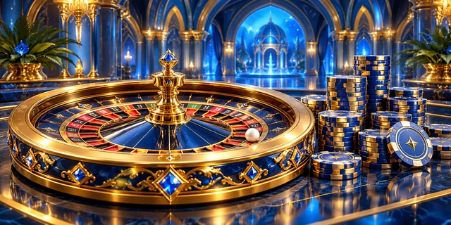 Redaktionelle Spielillustration mit blauem Chipturm und einem goldenen Roulettekessel