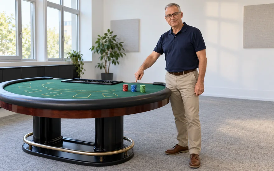Tower Casino: erwachsener Croupier erklärt Spielchips in einem fiktiven Schulungsstudio
