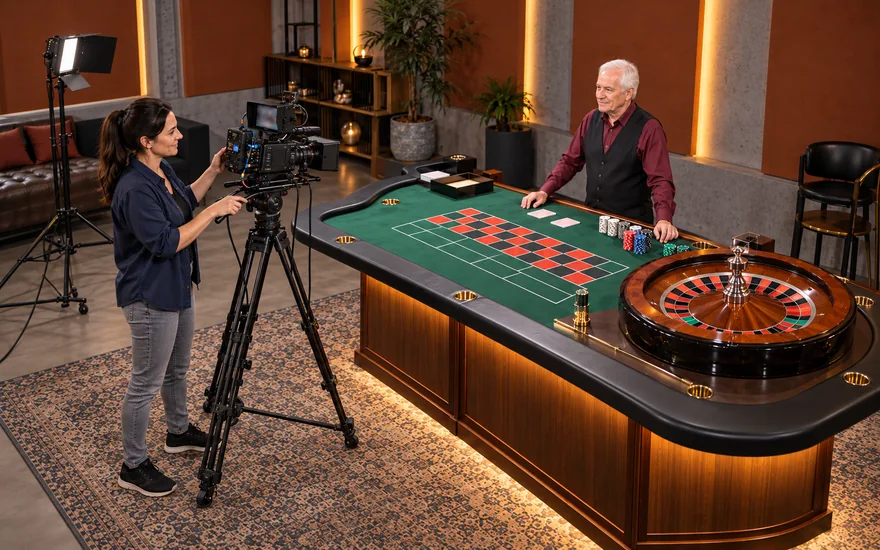 Tower Casino: fiktive Live-Drehprobe mit Kamera, erwachsenen Mitwirkenden und vollständig sichtbarem Roulettekessel