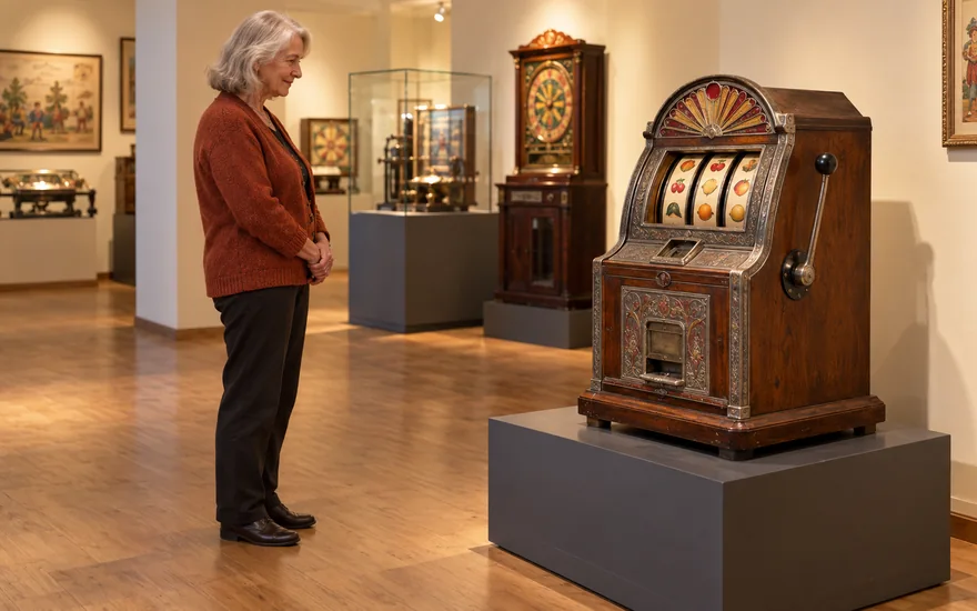 Trixino: ältere erwachsene Besucherin betrachtet einen unbeschrifteten Automaten im fiktiven Spielemuseum