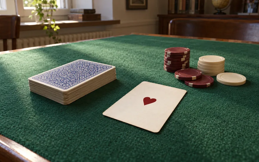 Trixino: Kartenstapel und Spielchips auf grünem Baccarat-Übungsfilz ohne Beschriftung