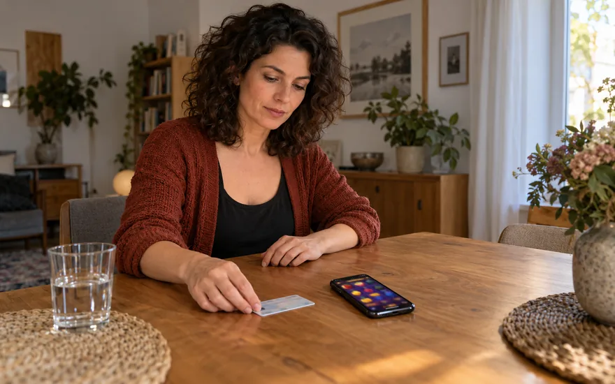 Casino Verifizierung vorbereiten: erwachsene Frau legt eine unleserliche Identitätskarte neben ein Smartphone mit unscharfen Slotsymbolen