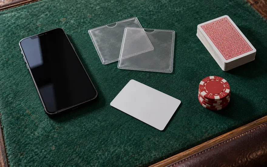 Casino Verifizierung einordnen: leere Dokumentenhüllen neben einem Smartphone und roten Casinochips auf einer fiktiven Ablage