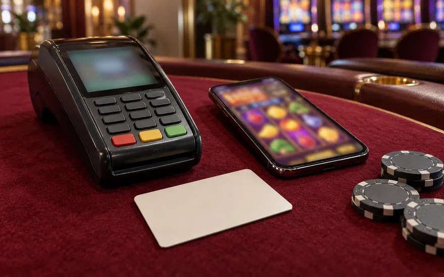 Casino-Zahlungsmethoden vergleichen: Kartenterminal, neutrale Karte und vollständiges Telefon mit unscharfer Spielansicht auf Filz